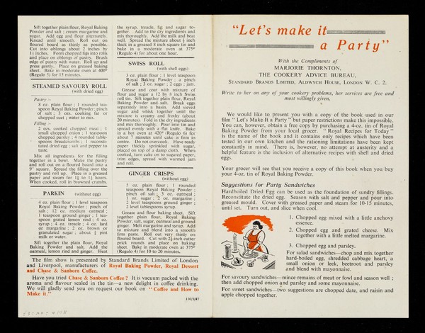 "Let's make it a party" / with the compliments of Marjorie Thornton, the Cookery Advice Bureau, Standard Brands Limited.