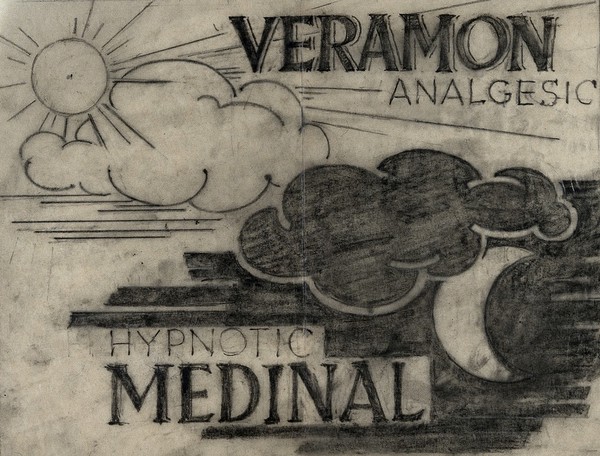 The sun shining amid white clouds by day, advertising Veramon analgesic medicine, and the moon shining amid black clouds by night, advertising Medinal hypnotic medicine. Drawing by Leonhard Fries for Schering Ltd.