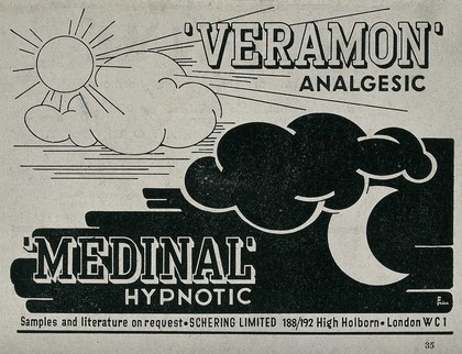 The sun shining amid white clouds by day, advertising Veramon analgesic medicine, and the moon shining amid black clouds by night, advertising Medinal hypnotic medicine.  Process print after Leonhard Fries for Schering Ltd.