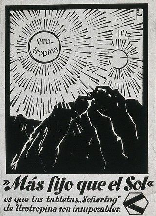 A 'Urotropina' tablet as the sun shining over mountains, advertising Schering's Urotropina tablets. Lithograph after Leonhard Fries.