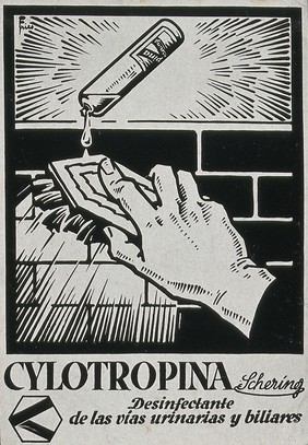 A brush cleaning a brick wall with the aid of Cylotropine liquid, advertising Schering Cylotropina disinfectant medicine. Lithograph after Leonhard Fries.