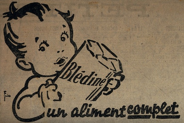 A toddler holding a box of Blédine, advertising Blédine cereal food for infants. Process print after Leonhard Fries.