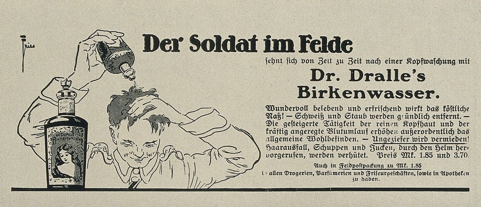 A German soldier washing his hair with Dr. Dralle's birch-sap shampoo. Process print after Leonhard Fries with letterpress.