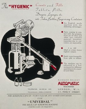 A machine for filling bottles or tubes with pills, tablets etc.; advertising Richard Brandt's "Hygienic" machine. Process print after Leonhard Fries.