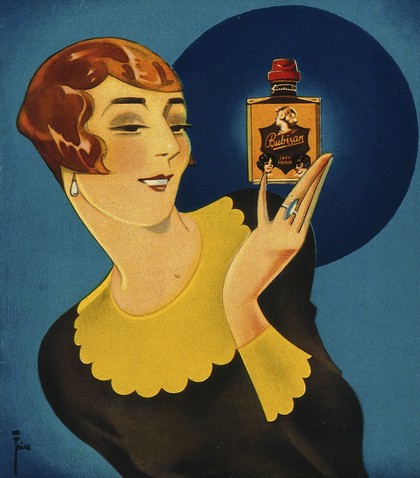 A woman holding a bottle of Bubisan hair lotion. Colour lithograph after Leonhard Fries, ca. 1930.