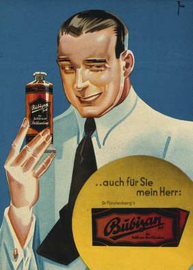 The actor Bruno Kastner holding a tube of Bubisan brilliantine for the hair. Colour lithograph after Leonhard Fries.