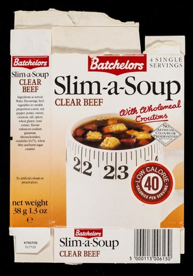 Slim-a-soup : clear beef : with wholemeal croutons : no artificial colours or preservatives : low calorie : 40 calories per serving / Batchelors.