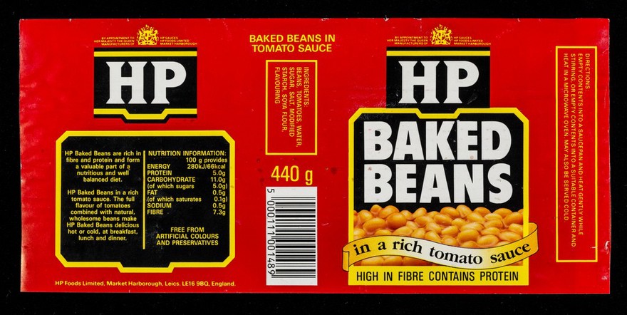 HP baked beans : in a rich tomato sauce : high in fibre contains protein / HP Foods Limited.