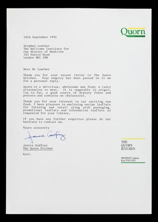 Quorn myco-protein : The Quorn Kitchen, Freepost, Ashford, Kent TN23 2WY : [letterhead].
