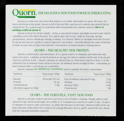 A recipe for healthy eating : Quorn myco-protein / The Quorn Information Service.