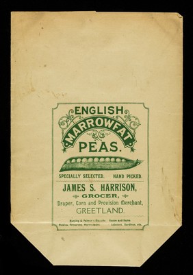 English marrowfat peas : specially selected, hand picked / James S. Harrison, grocer.