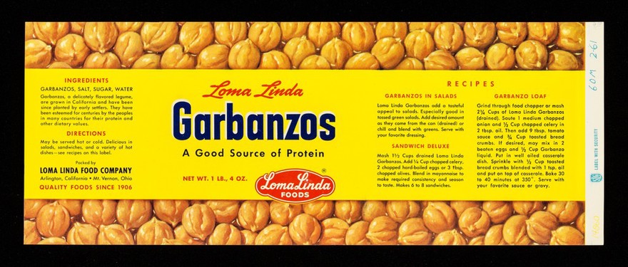 Loma Linda garbanzos : a good source of protein : net wt. 1 LB., 4 oz / Loma Linda Foods.