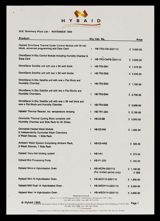 U.K. summary price list : November 1993 / Hybaid Limited.
