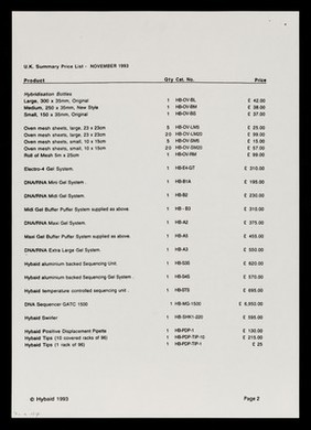 U.K. summary price list : November 1993 / Hybaid Limited.