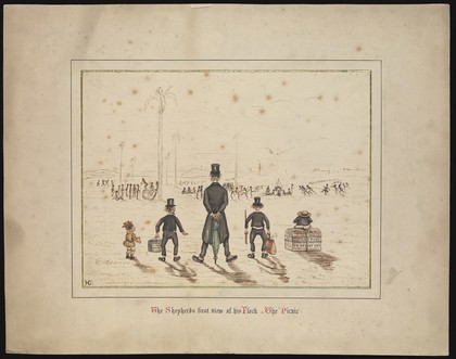 Four missionaries and a child are looking at an African tribe from a distance. Drawing by H.G., 18--.