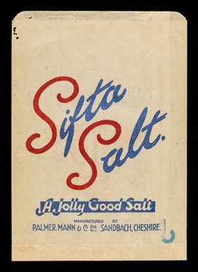 Jolly good salts : Sifta table salt in cartons and drums, Finest A1 cooking salt in cartons and cut lumps / Palmer, Mann & Co. Ltd.