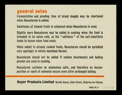 Neoselarom in cooking / Bayer Products Limited.