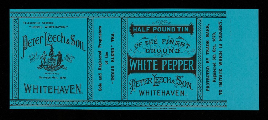 Half pound tin of the finest ground white pepper / Peter Leech & Son.