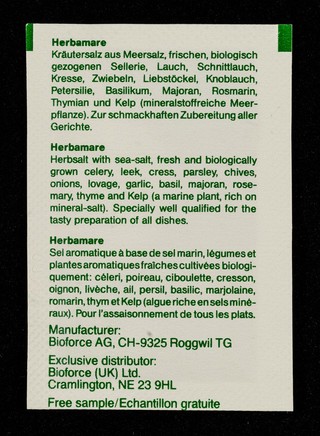 Kräutersalz = Herb seasoning salt = sel aux herbes aromatiques : Herbamare : ein A.Vogel produkt / Bioforce.