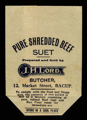 Pure shredded beef suet / prepared and sold by J.H. Lord.