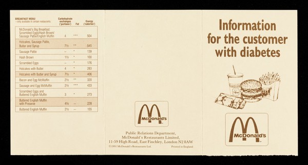 Information for the customer with diabetes / McDonald's.