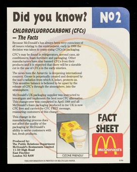 Chlorofluorocarbons (CFCs) : the facts / McDonald's Restaurants Limited, Public Relations Department.