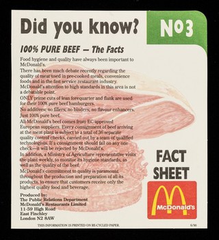 100% pure beef : the facts / McDonald's Restaurants Limited, Public Relations Department.