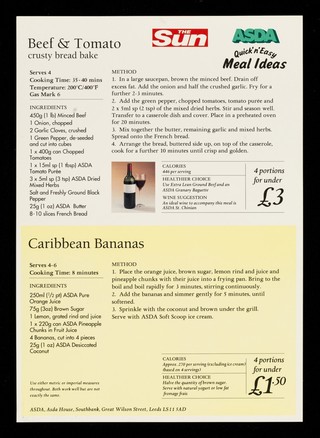 ASDA quick'n'easy meal ideas : beef & tomato crusty bread bake, Caribbean bananas / ASDA.