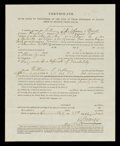 Certificate : to be given to volunteers at the time of their discharge to enable them to receive their pay, &c.