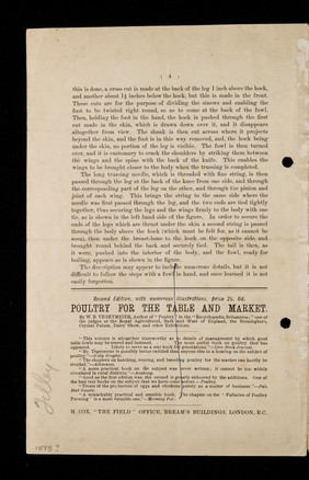 Practical notes on trussing poultry for the table and market / [W.B. Tegetmeier] ; presented by W. Bellamy.