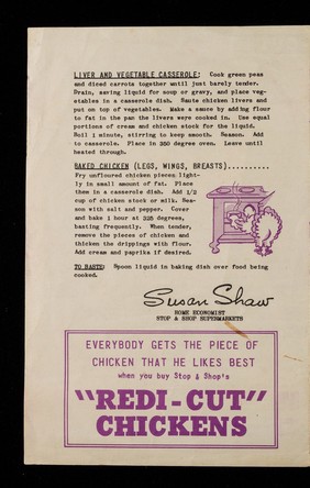 "Redi-Cut" chicken recipes and suggestions / Susan Shaw.