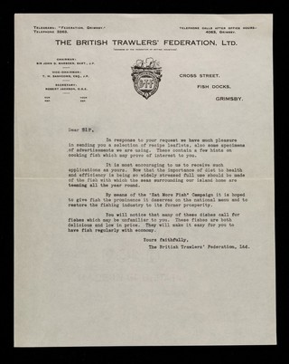 The British Trawlers' Federation, Ltd. : (members of the Federation of British Industries)... : Cross Street, Fish Docks, Grimsby.