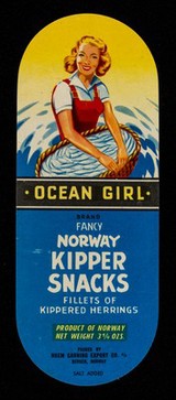 Ocean Girl brand fancy Norway kipper snacks : fillets of kippered herrings : product of Norway : net weight 3 1/4 ozs / packed by Hoem Canning Export Co.