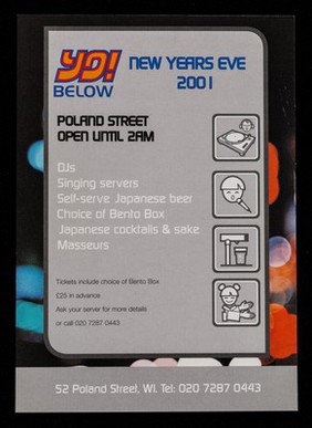 Yo! Below : New Year's Eve 2001 : Poland Street open until 2am / [Yo! Sushi].