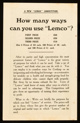 A new "Lemco" competition : £180 in prizes for Lemco users / [Lemco Co.].