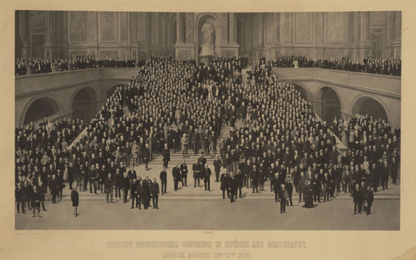 Seventh International Congress of Hygiene and Demography, London: participants standing on a monumental staircase with a statue of Queen Victoria in a niche at the top. Photograph by Barrauds, 1891.