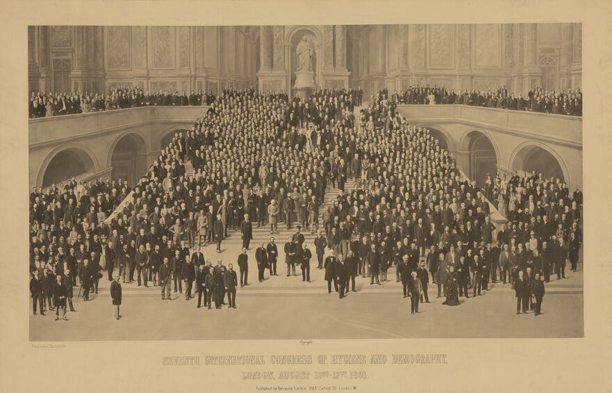 Seventh International Congress of Hygiene and Demography, London: participants standing on a monumental staircase with a statue of Queen Victoria in a niche at the top. Photograph by Barrauds, 1891.