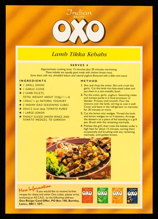 Indian recipe Oxo : lamb tikka kebabs / Tesco.
