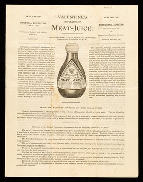 Valentine's preparation of Meat-Juice : established (1871) by Manns Valentine, Richmond, Virginia, U.S.A. / Valentine's Meat-Juice Company.