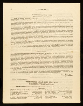 Valentine's preparation of Meat-Juice : established (1871) by Manns Valentine, Richmond, Virginia, U.S.A. / Valentine's Meat-Juice Company.