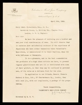 Valentine's Meat-Juice Company (established 1871), Richmond, Virginia, U.S.A. : [letterhead].