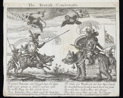 An ape in military attire, sitting astride a hog, confronts a baboon, also in military attire, who sits astride a bear. Engraving by F. Barlow, ca. 1679/1680.