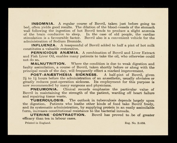 Bovril : the following indications are based upon clinical records which have been communicated to Bovril, Limited, by members of the medical profession.