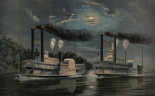 A midnight race on the Mississippi: two paddle steamers, the 'Lincoln' and the 'Davies' on the river at night. Colour lithograph, 1871.