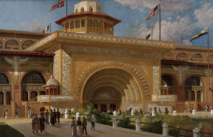 The World's Columbian Exposition of 1893, Chicago: entrance to the Transportation Building. Chromolithograph with gouache after a painting by J.R. Key, 1894.