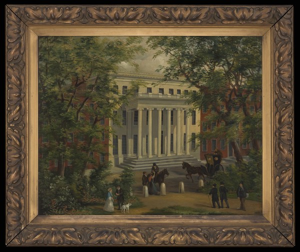 The Royal College of Surgeons of England: the portico from Lincoln's Inn Fields. Oil painting, 18--.