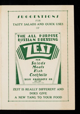 Suggestions for tasty salads and quick uses of the all purpose Russian dressing, Zest : for salads, meats, fish, cocktails / Zest Products Co.