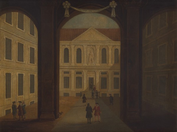 The Royal College of Physicians, Warwick Lane, London: interior of the courtyard. Oil painting, ca. 1900, after S. Wale, 1761.