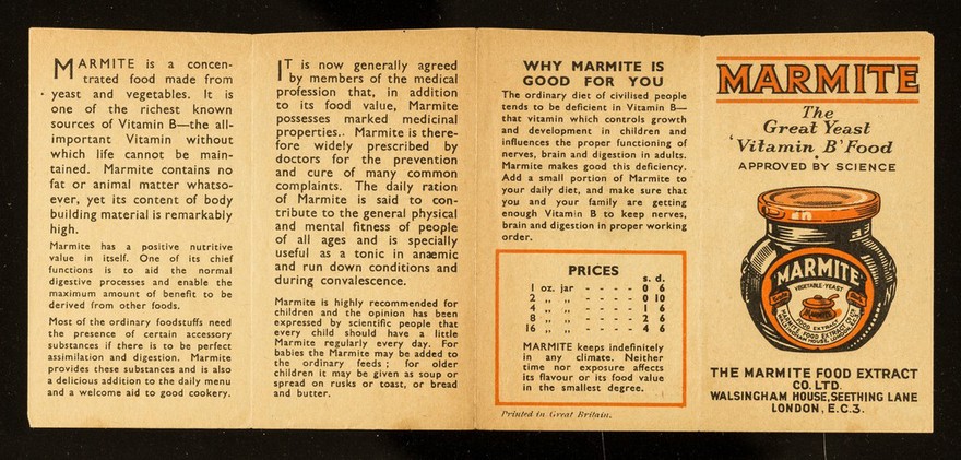 Marmite : the great yeast 'Vitamin B' food : approved by science / The Marmite Food Extract Co. Ltd.