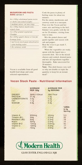 Vecon natural vegetable stock recipe guide : the versatile vegetable stock / Modern Health.